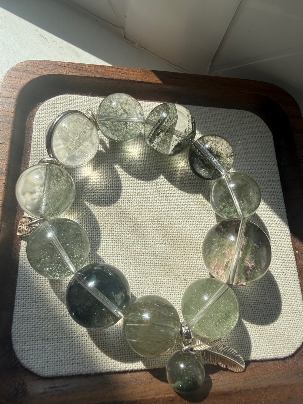 Clear Green Bead Stretch Bracelet with Leaf Charm